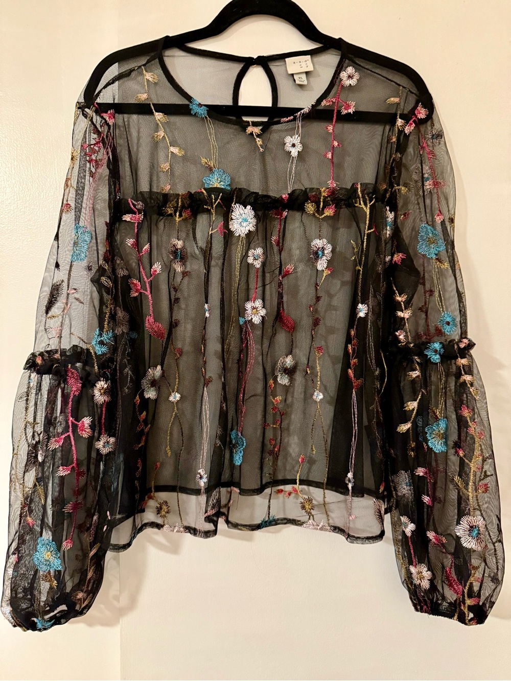 NWOT A New Day Dazzling Black Sheer Embroidered Floral Long Sleeve Blouse